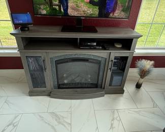 Gray Wood-Grain Electric Fireplace Media Console with Glass Doors