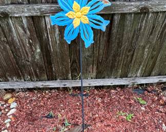 Blue and Yellow Metal Flower Wind Spinner Garden Stake