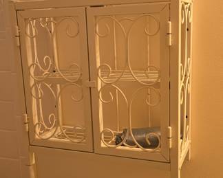 Vintage White Wrought Iron Wall Cabinet with Scrollwork Doors