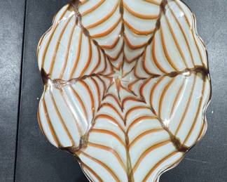 Mid-Century Murano Style Art Glass Bowl with Copper Aventurine and White Zanfirico Ribbons