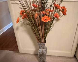 Textured Gray Ceramic Vase with Orange Daisy Floral Arrangement