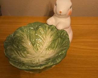 Ceramic Bunny and Cabbage Leaf Serving Bowl