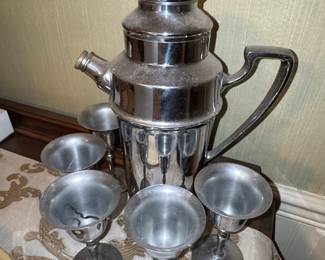 Vintage Chrome Cocktail Shaker and Goblets Set