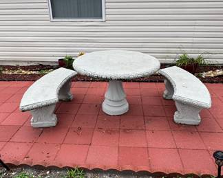 Concrete Garden Table and Bench Set with Ornate Pedestal