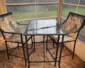 3-Piece Metal Bar Set with Glass Top Table and Cushioned Chairs