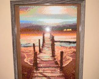 Framed Diamond Painting of a Pier at Sunset