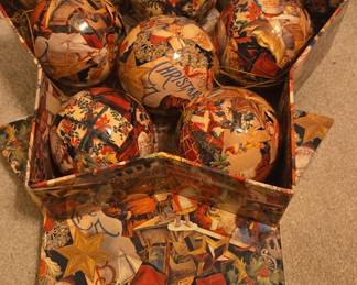 Vintage Decoupage Paper Mache Christmas Ornaments Set in Star Box