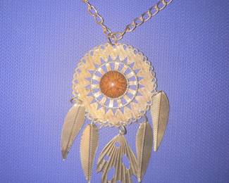 Bohemian Gold Tone Dreamcatcher Pendant Necklace with Leaf Charms