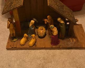 Vintage Nativity Set with Wooden Stable and Plastic Figures