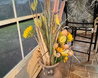 Rustic Ceramic Urn with Dried Cattails and Sunflowers