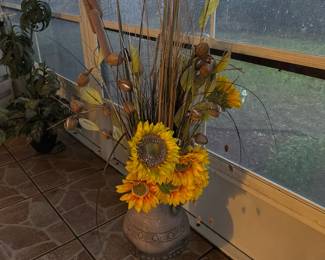Rustic Ceramic Urn with Dried Cattails and Sunflowers