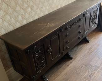 Vintage Spanish Revival / Mediterranean Long Wood Buffet Sideboard