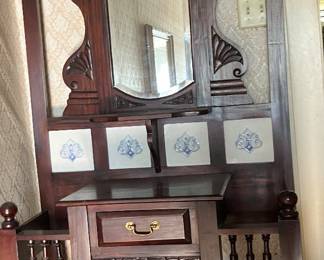 Ornate Antique Victorian Style Wooden Hall Tree / Entryway Stand