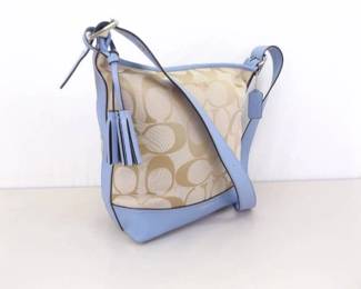 Vintage COACH Signature Jacquard Canvas and Light Blue Leather Trim