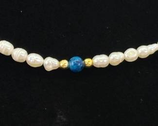19.5" Genuine Pearl Lapis Accented Necklace