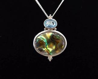 NEW .925 Sterling Silver Topaz and Abalone Pendant Necklace