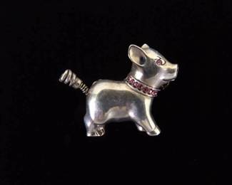 .925 Sterling Silver Small Pink Crystal Piggy Brooch