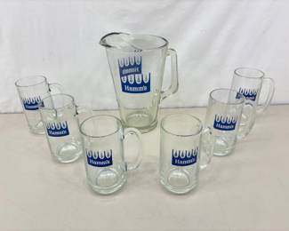 Vintage Glass Hamm's Beer Pitcher and 6 Hamm's Beer Mugs