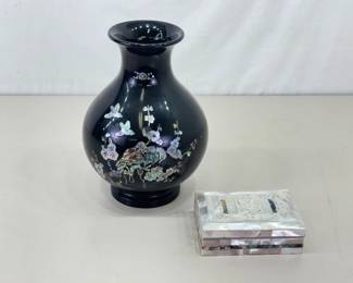 Inlayed Mother of Pearl Lacquer 10" Vase with a Carved Mother of Pearl Box