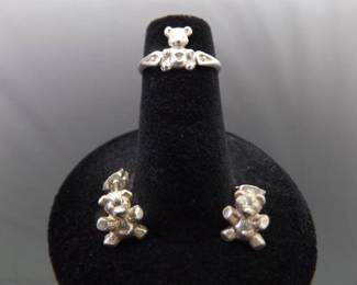 NEW .925 Sterling Silver Childs Bear Post Earring and Bear Ring Set Size 3