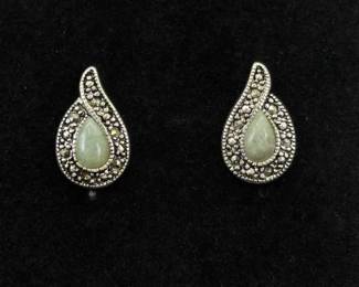 .925 Sterling Silver Art Nouveau Jade Drop Post Earrings