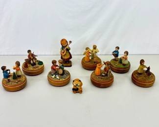 Lot of 9 Vintage Wood Carved Anri Music Boxes and Figurines in Various Conditions