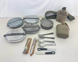 Lot of WWII Military Mess Kits, Silverware, Canteens, etc.