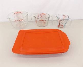Lot of Pyrex Measuring Cups and Lidded Casserole Dish