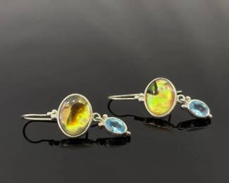 .925 Sterling Silver Topaz and Inlayed Abalone Hook Earrings