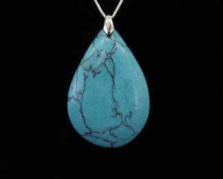 .925 Sterling Silver Large Howlite Cabochon Pendant Necklace
