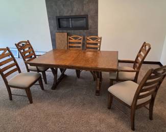 7Piece Wood Dining Set  Table, Leaf  6 Upholstered Chairs