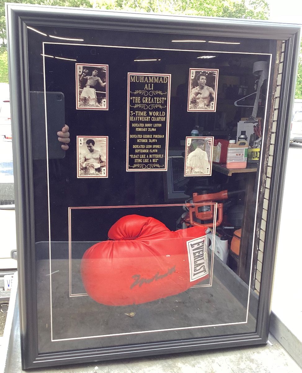 AUTHENTIC AUTOGRAPHED MUHAMMAD ALI BOXING GLOVE IN COMMEMORATIVE SHADOW BOX, LEFT HAND GLOVE, 13in x 15in, ALI PLAYING CARDS, "THE GREATEST" ENGRAVED PLAQUE, PARK WEST CERTIFICATE OF AUTHENTICITY