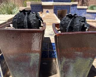 Two Matching Pots With Metal Cactus