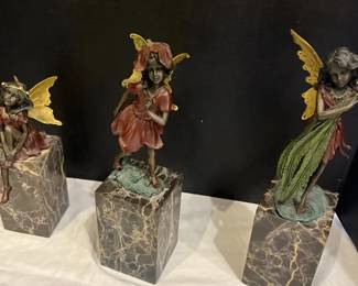 Three More Handcrafted Bronze On Marble Bases Posing Fairies