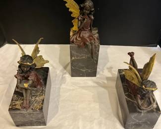 Three Handcrafted Bronze And Marble Fairy Figurines