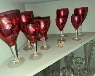 Set of Ruby / Cranberry flash etched floral wine glasses