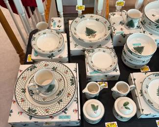 Complete collection of Mikasa "Christmas Story" dinnerware in excellent condition. Most pieces still have original packaging.