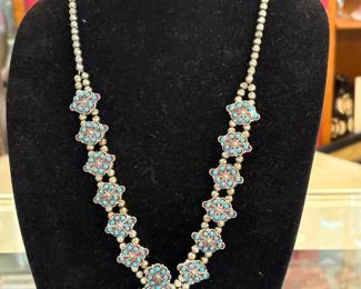 Petite Point Zuni Turquoise and Silver necklace