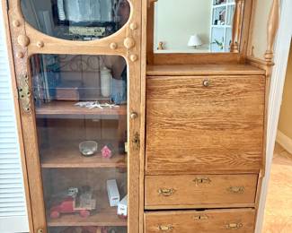 Victorian oak "side-by-side" secretary desk and bookcase combination cabinet