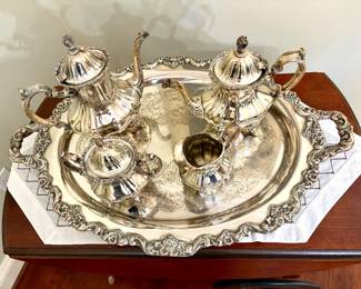  Towle, complete with a matching footed tray, coffee pot, tea pot, creamer, and sugar bowl.