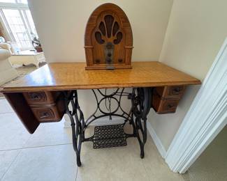 vintage sewing table and repoduction radio