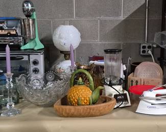 crystal bowl and candle holder, blender, tea pot