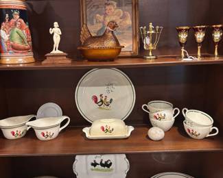 Steubenville Potteries Rooster- 30 pieces, Venetian Cordial glasses, Amber hen