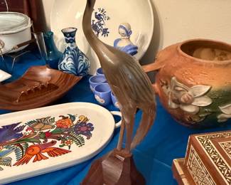 Crane or heron carved mid-century modern figure with wood base