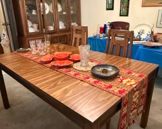 MCM dining table with eight chairs and three leaves