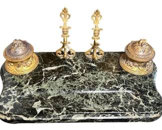 French Rococo Marble and Brass Double Inkwell