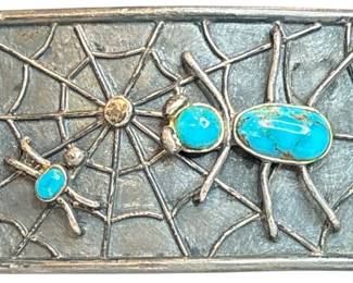 Southwestern Sterling Silver Turquoise Spider & Web Belt Buckle