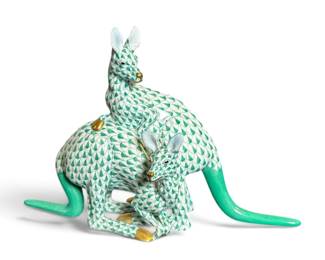 HEREND Fishnet Porcelain Kangaroo w Baby Figurine