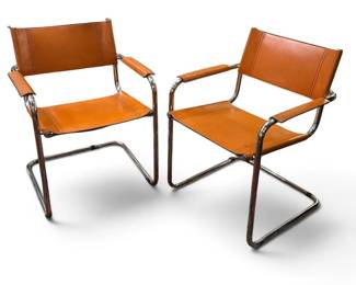 Mid Century Italian Modern Cantilever Chairs Pair HERMES Orange Leather in the style of MART STAM