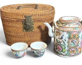 Antique Chinese Rose Medallion Familie Rose Teapot Set in Basket